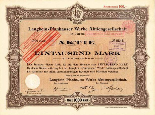 Langbein-Pfanhauser Werke Leipzig hist. Gründer Aktie 1907 Neuss LPW VDN Sachsen