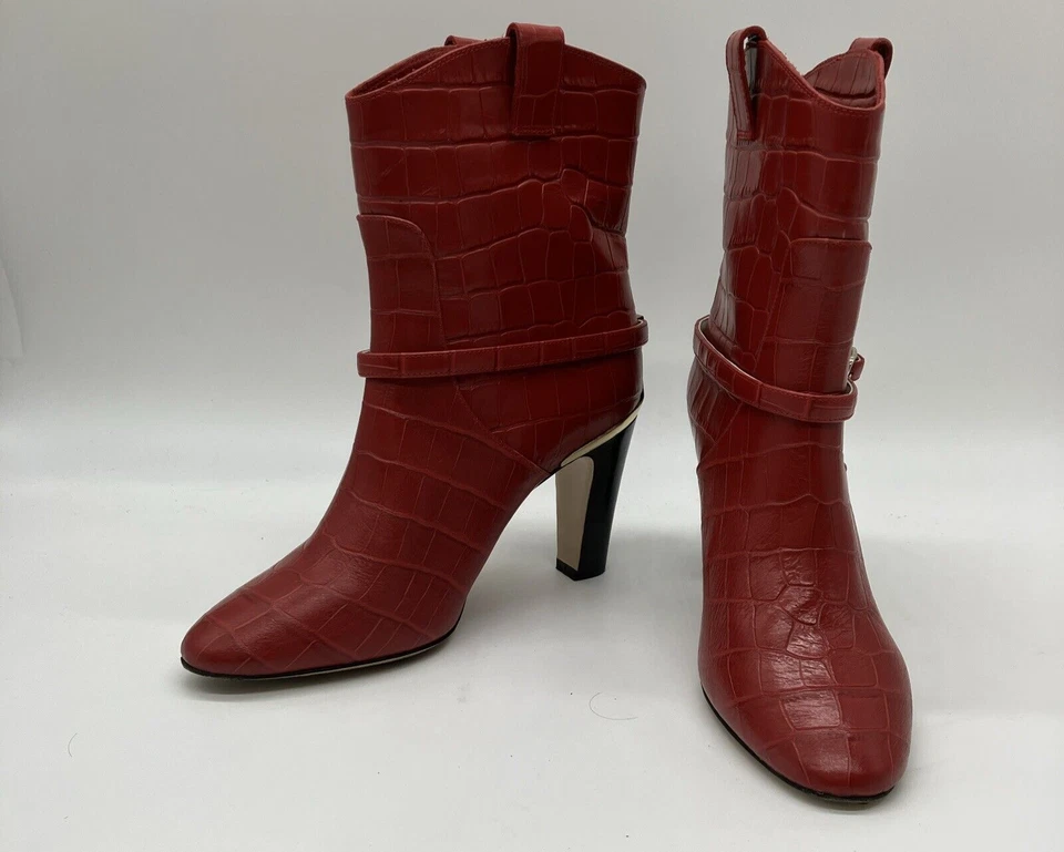 Gorgeous Bruno Magli red croco embossed pull on bootie buckle detail 37.5, 7 us - Image 3 of 4