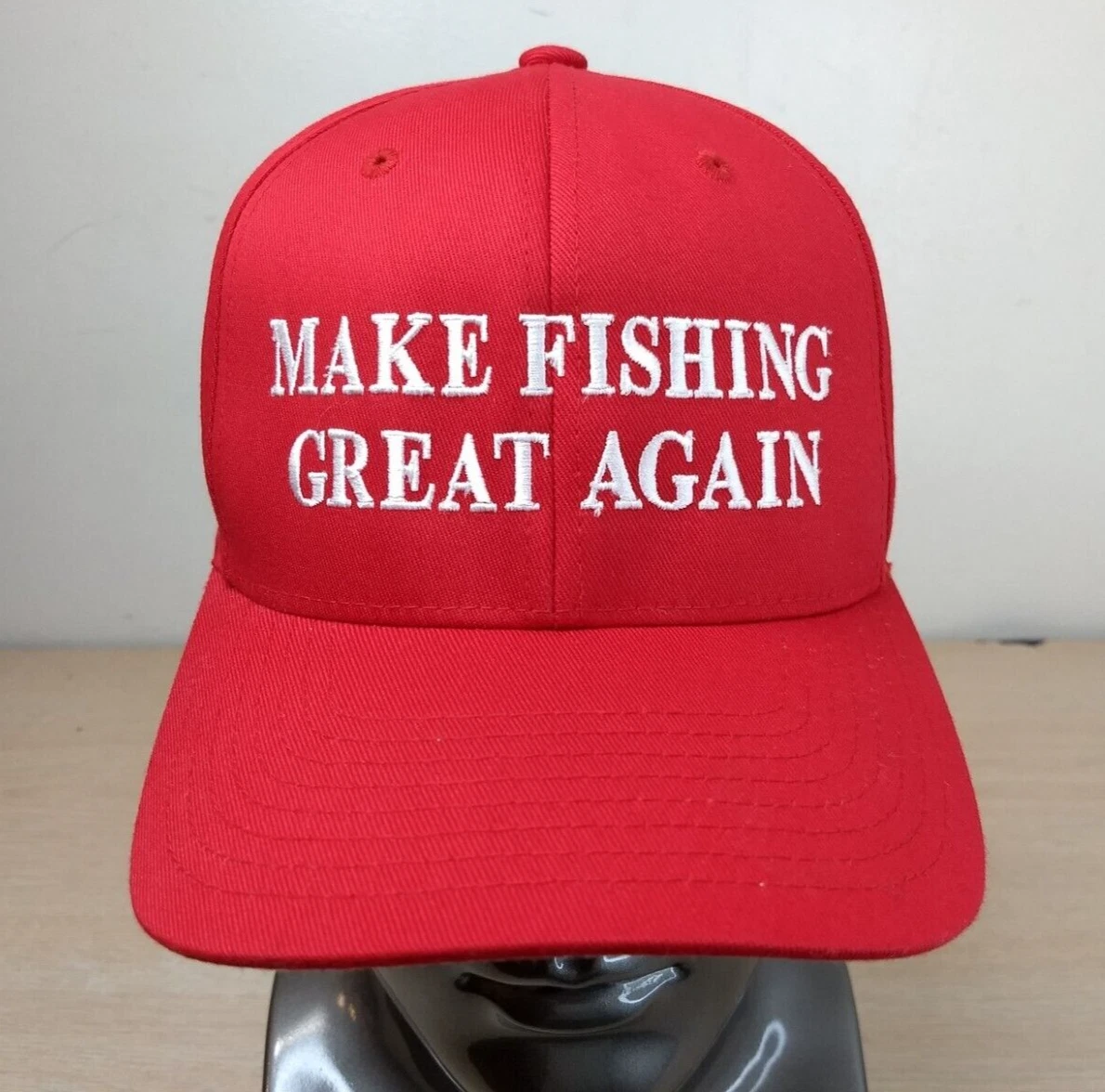 MAKE FISHING GREAT AGAIN FITTED BASEBALL HAT/CAP, SIZE L/XL, RED, FLEXFIT