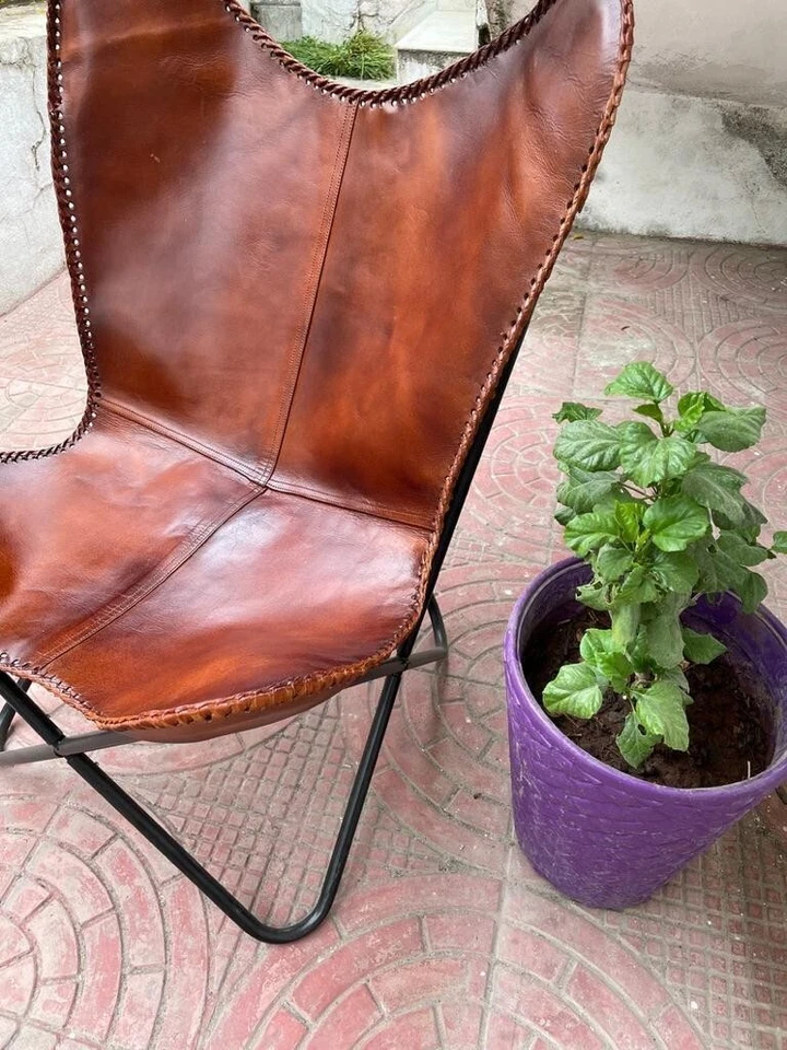 Chair Butterfly Leather Vintage Brown Genuine New Top Relax Chair With Stand - Image 3 of 4