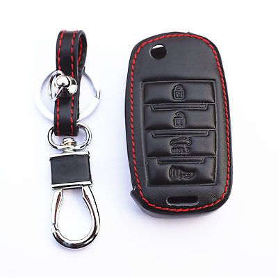 Black Leather 4 Buttons Flip Key Chain Cover Case For KIA Forte Rio Soul Optima