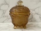 VTG Amber Jeanette Glass Footed Candy Bowl w/ Lid Grapes Leaf Leaves