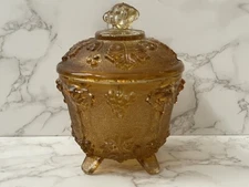 VTG Amber Jeanette Glass Footed Candy Bowl w/ Lid Grapes Leaf Leaves