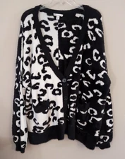 Cato XL Animal Print Fuzzy Button Cardigan Tight Knit Sweater V-neck Pockets