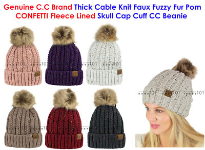 CC Thick Cable Knit Faux Fuzzy Fur Pom 