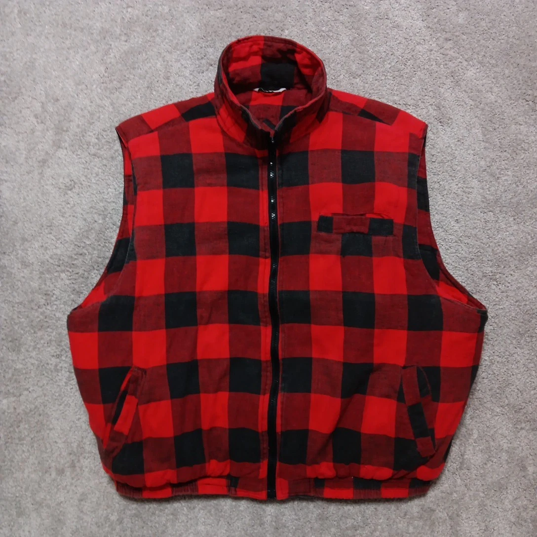 Vintage Ozark Trail Flannel Vest Mens XL Red Black Buffalo Plaid Zip Up