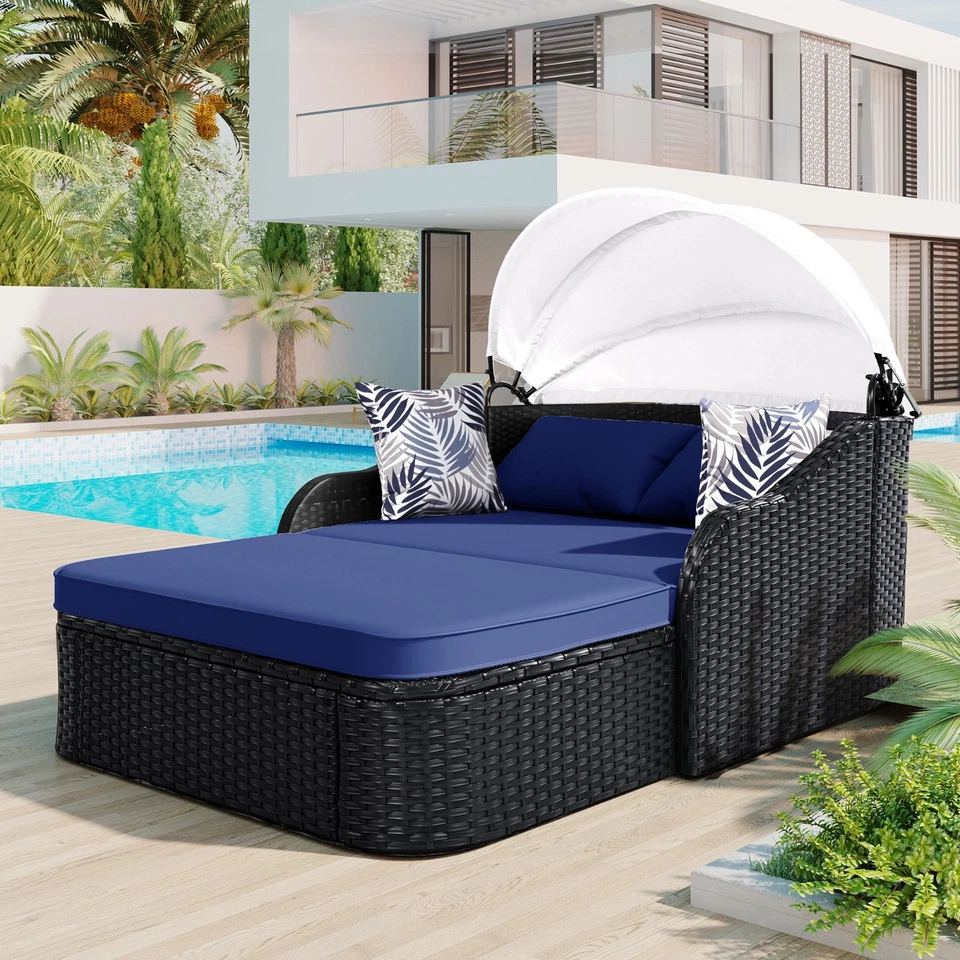 Patio Daybed Double Lounge Sunbed Outdoor Conversation Canopy Yard Cushion - Image 3 of 4