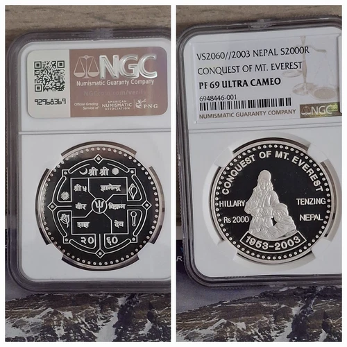 NEPAL S2000 Rup 2003 Silver 1 oz Conquest of Mount Everest NGC 69 Top Pop 