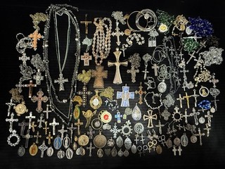 Large Lot of Religious/Christian/Catholic Jewelry Medals Rosaries Crosses