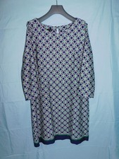 Talbots Size 14 Navy Blue Green Geometric Shift Dress Long Sleeve Keyhole back