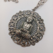 Buddha Pendant Statement Necklace Silver Tone Vintage Vibe