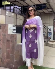 GoSriKi Women's Rayon Blend Straight Embroidered Kurta with Pant & Dupatta (F...