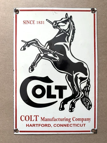 VINTAGE 12x8" COLT FIREARMS MANUFACTURING HORSE GAS OIL GASOLINE PORCELAIN SIGN