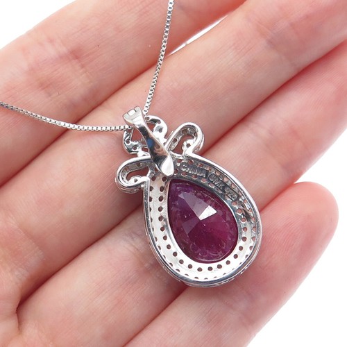 925 Sterling Silver Real Diamond Ruby & White Topaz Box Chain Necklace 18" - Picture 2 of 9