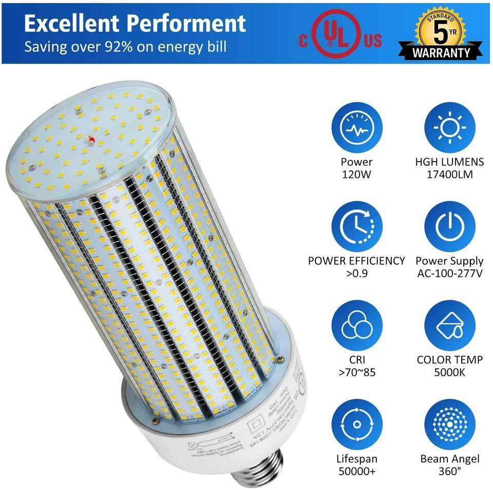 Corn Cob LED Light 120W 15137LM 5000K Large E39 Base Retrofit High Bay Bulbs UL - Image 2 of 4