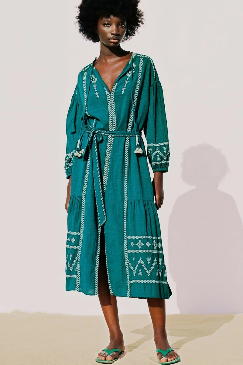 Zara green sale embroidered dress
