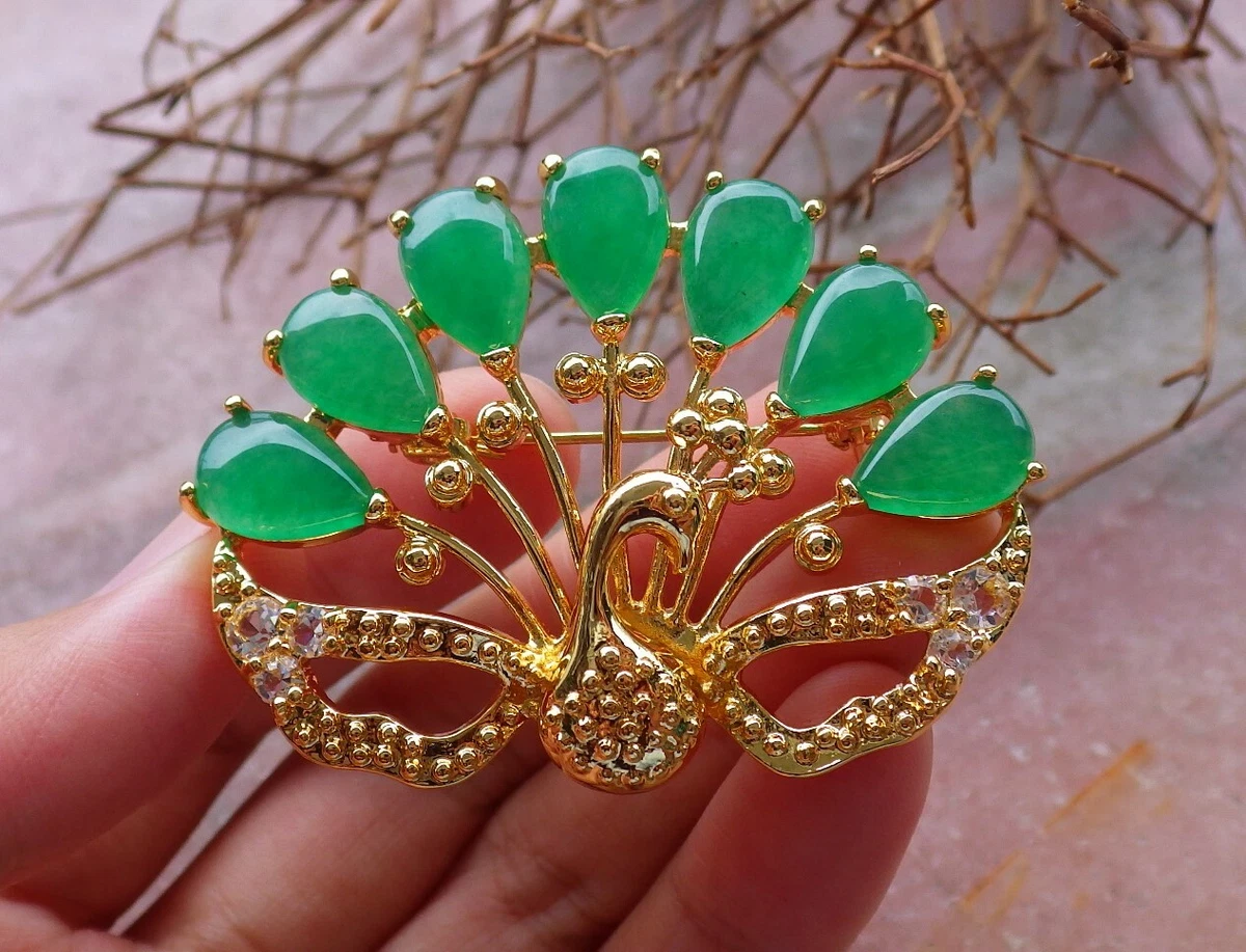 Yellow Gold Plate Green JADE Peacock Heart Brooch pin Diamond Imitation 300258