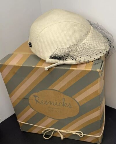 Vintage White Hat Woven Black Net Resnicks Binghamton New York Boxed
