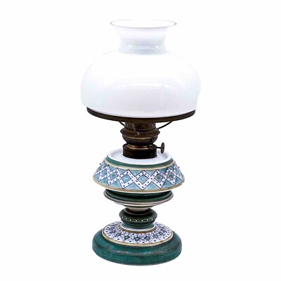 Antique Glass Oil Lamp With Kosmos 8 Burner & Glass Shade Around 1900 Turquoise