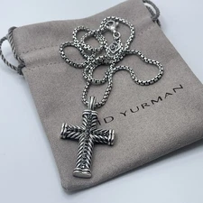 David Yurman 925 Sterling Silver Chevron Cross Necklace with Black Diamonds 20”