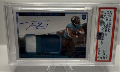 TRAVIS ETIENNE JR. 2021 ONE RPA ROOKIE PATCH BLUE RC AUTO /75 PSA 10 POP 1 Q6995