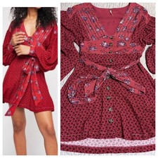 Free People Wonderland Red Floral Peasant Dress Long Sleeve Buttons Tie Sash