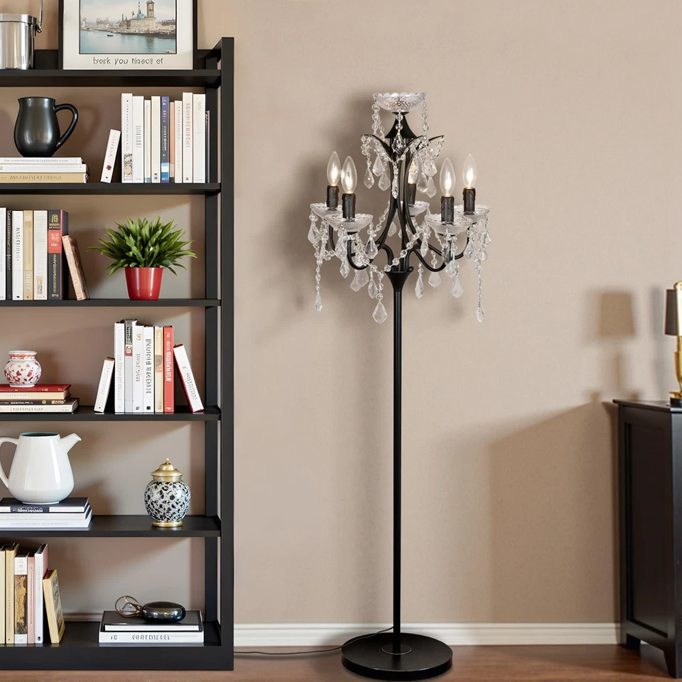 Lámpara de pie moderna de cristal de 5 luces con acabado negro, regulable, emparejada con foo... Foto 3 de 4