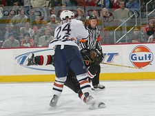 Steve Staios Edmonton Oilers knocks Simon Gagne Philadelphia- Ice Hockey Photo