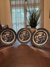 3 Vintage Churchill Blue Willow Dinner Plates Made In England Chinoiserie Style