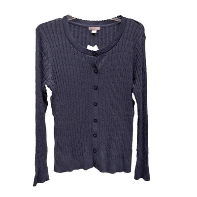 XL LAURA SCOTT BUTTON FRONT COTTON BLND BLUE CABLE KNIT CROCHET CARDIGAN SWEATER