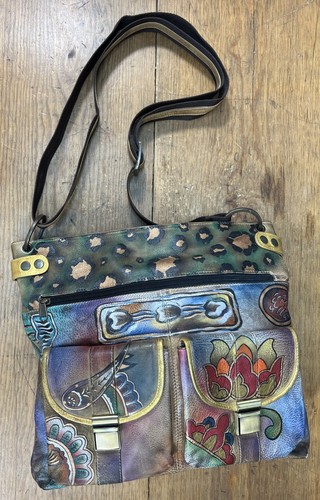 Anuschka Retired Leather Hand Painted XL Messenger Bag Business School Purse - Picture 4 of 22