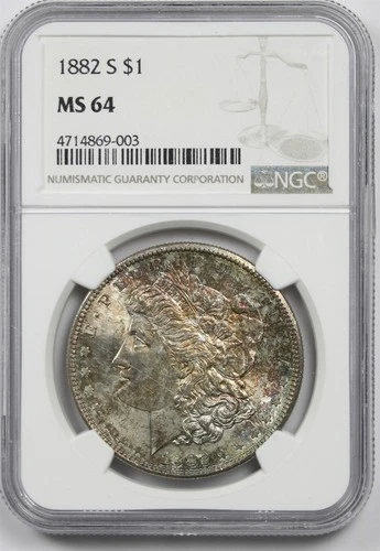 1882-S $1 NGC MS 64 (Multi Color Toning Obverse) Morgan Silver Dollar