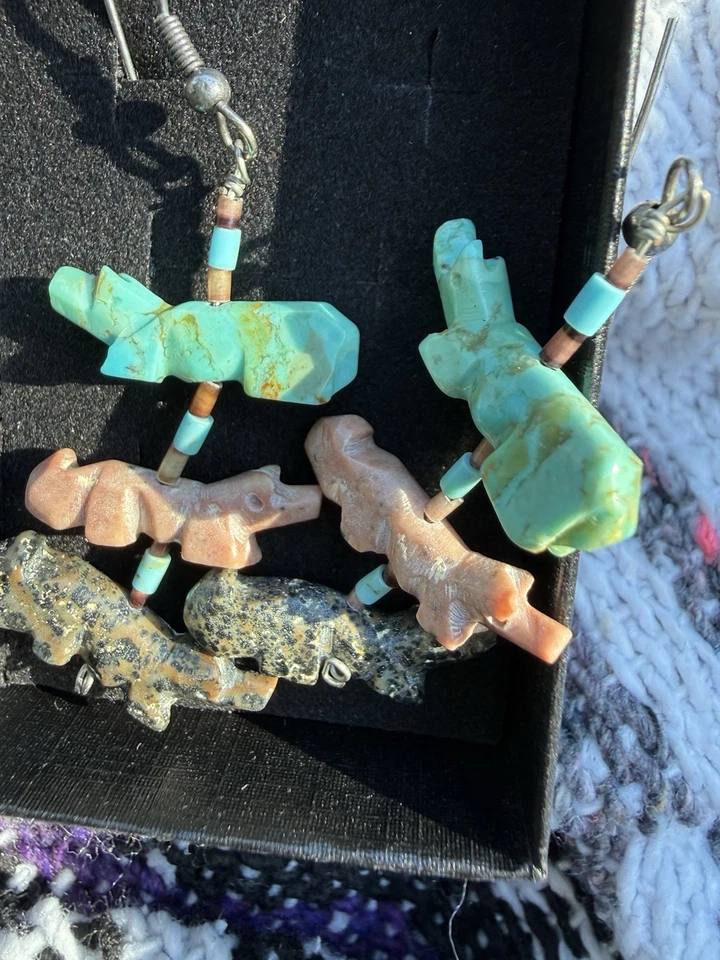 VTG Handcrafted Navajo Fettish Turquoise Sterling Silver Statement Earrings Gift - Image 3 of 4