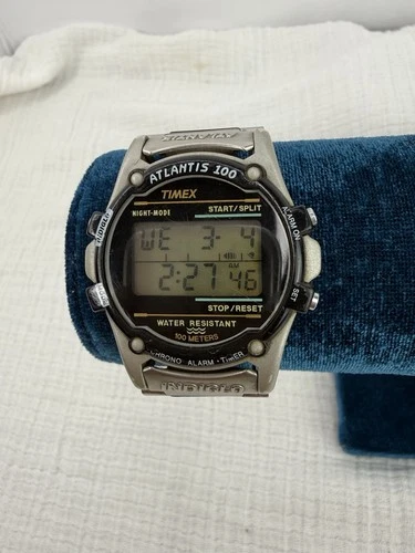 Vintage Timex Atlantis 100 Indiglo Digital Watch Stainless Steel WR100 Alarm