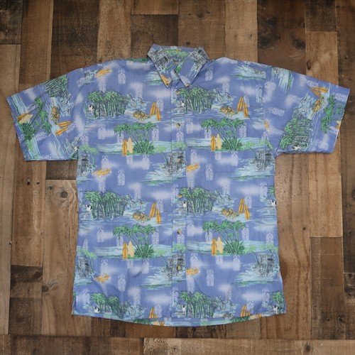 Big Dogs Mens Medium Blue Hawaiian Button Up Shirt Palm Tree Tiki Big Dawg 90s