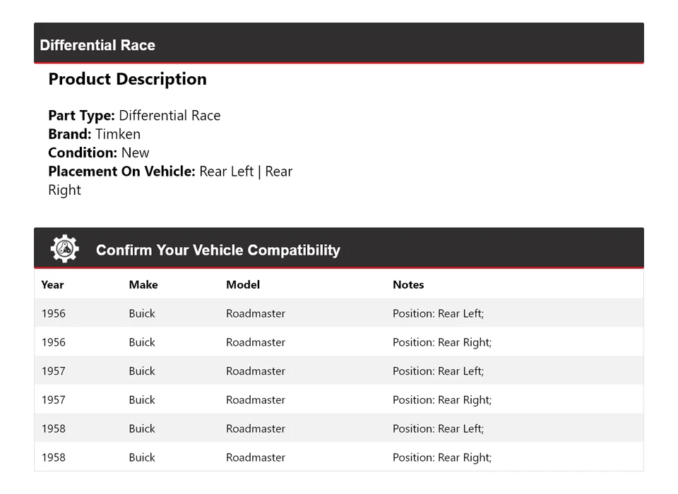 Para Buick Roadmaster 1956-1958 Diferencial Carrera Timken 1957 Foto 2 de 4
