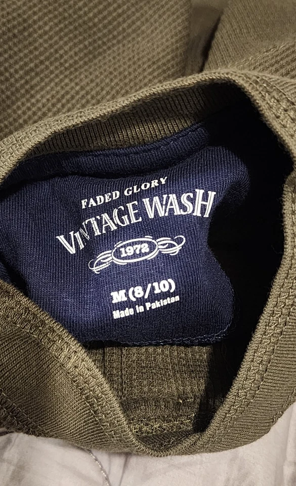 Thermal Henley 3 Button Shirt Faded Glory Olive Green Boys Medium (8/10) .. New - Image 3 of 4