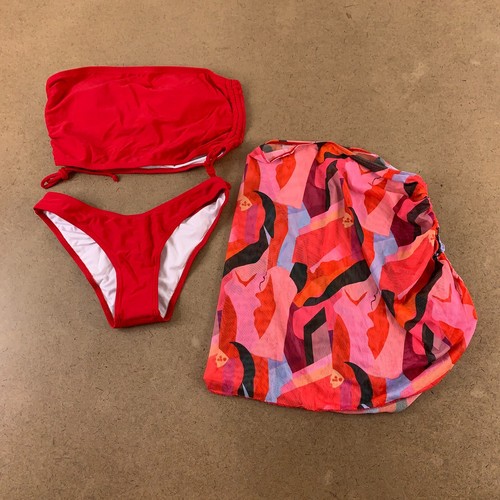 Shein Women's Small 4 Red 3 Piece Bandeau Bikini Swimsuit & Beach Skirt Set New - 第 1/16 張圖片