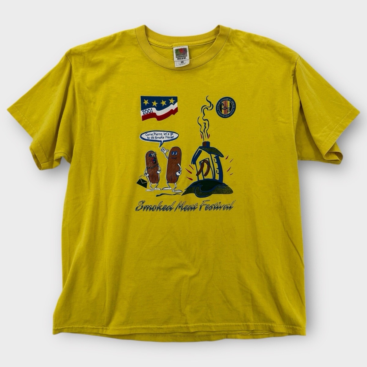 Vintage Fruit of the Loom Mens XL Yellow 2001 Smoked Meat Festival