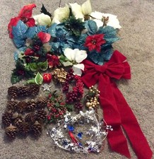 CHRISTMAS ARTIFICIAL FLORAL DECOR POINSETTIAS, PINECONES, BERRIES NEW 50pcs