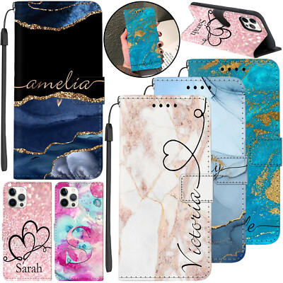 Folio Leather Personalised Marble Case Cover For iPhone 16e 15 Pro Max 14 13 12