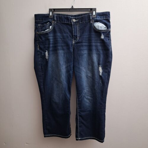 Maurices Womens Crop Distressed Jeans 18 Dark Blue Straight Stretch Flap Pockets