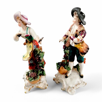 Samson porcelain figurine pair grape-pickers, Chelsea gold anchor pseudo-marks