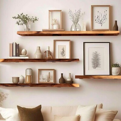 Rustic Acacia Natural Edge Floating Shelf with Brackets | eBay