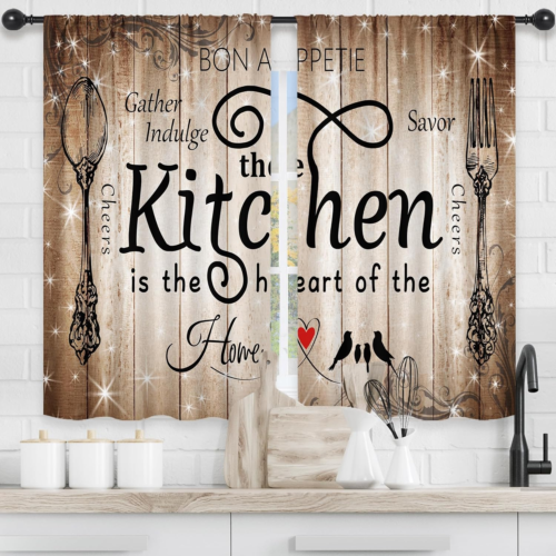 Brown Black Kitchen Curtains Short Small Farmhouse Retro Rustic Country Fork and - Picture 3 of 7