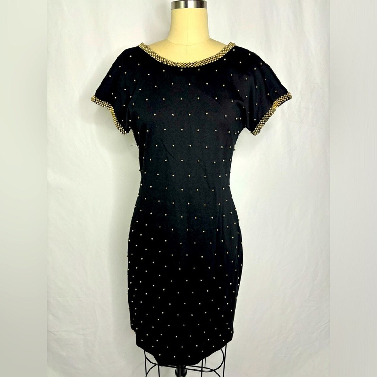 black bodycon dress with gold studs NWT bebe black silver gold mesh back stud cutout zip top bodycon dress XS 0 2