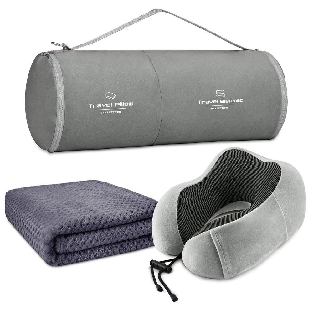Memory Foam Travel Pillow and Blanket Set for Airplane Comfort