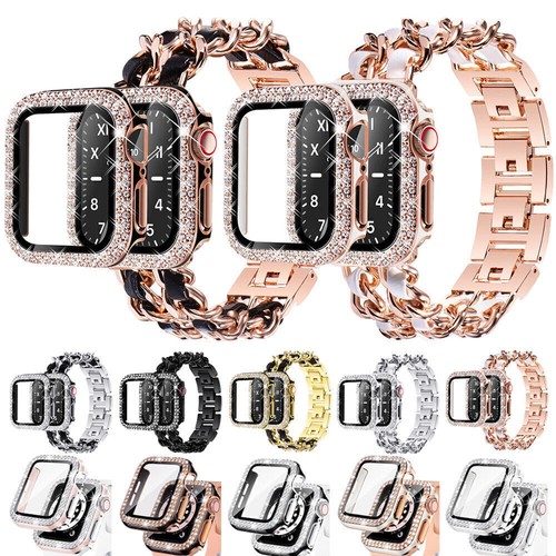 Für Apple Watch Ultra 49mm 9-1 SE 40/41/45mm Leder+ Metall Armband + Bling Hülle - Bild 1 von 73