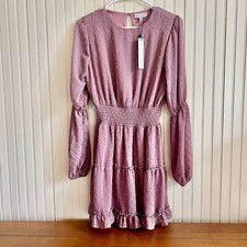 Koko + Mason Mauve Swiss Dot Smocked Waist Tiered Mini Dress Small NEW