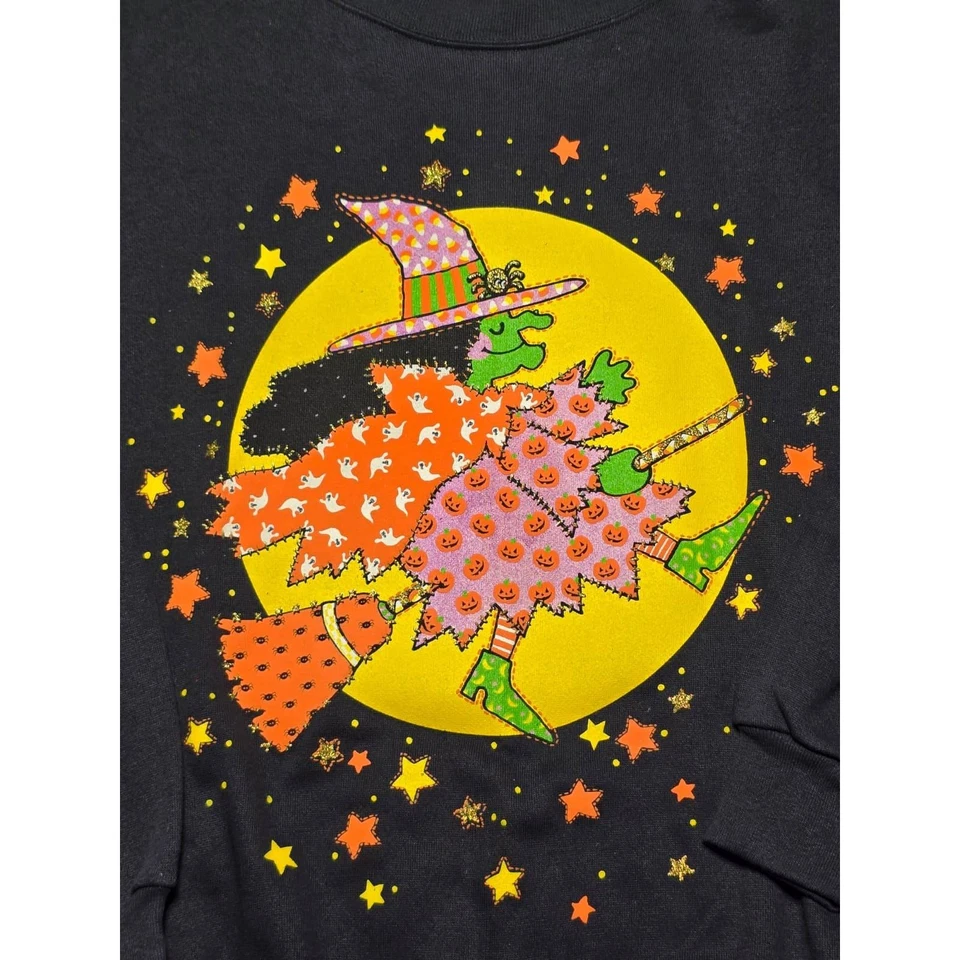 Vintage Halloween Witch Flying Moon Stars Graphic Black Sweatshirt 90s - Image 2 of 4